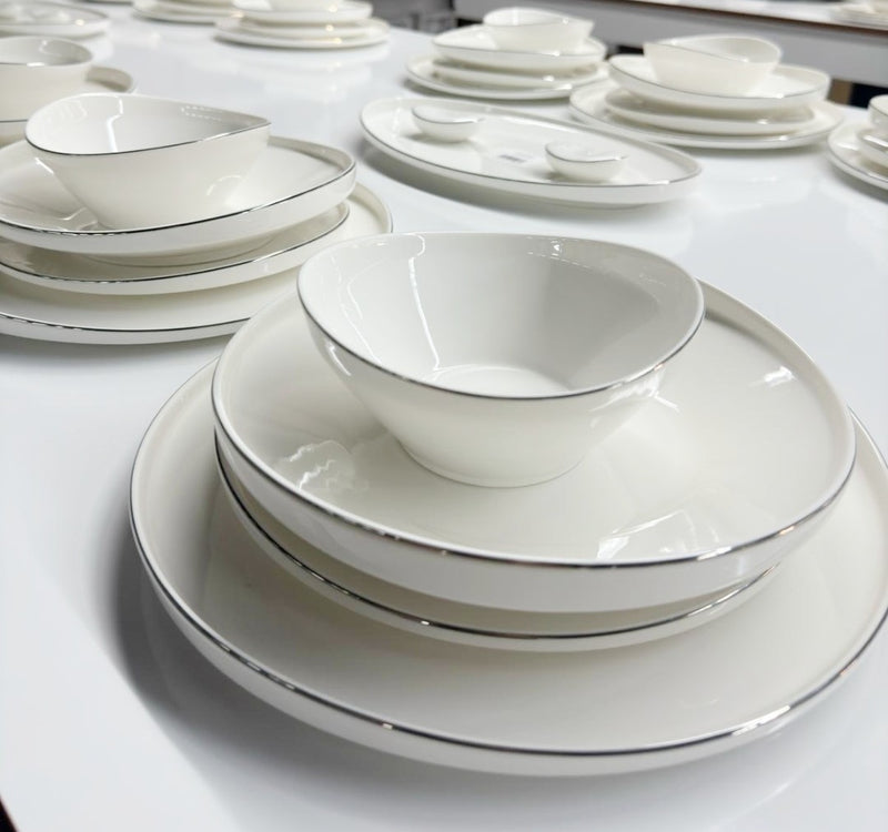 ZELLERFELD VANESSA Sade beyaz gümüş yaldızlı porselen yemek takımı 27 parça 6 kişilik