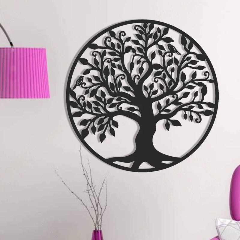 Hayat ağacı ve kuşlar - Yuvarlak metal duvar dekorasyonu