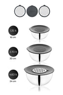 ACAR KARAT Lot de 3 Bols mélangeurs 9 pièces avec couvercles et râpes 24-20-16 cm