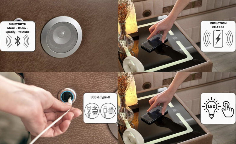 TABLE DE CHEVET SMART BLUETOOTH + USB (Standard + Type C) + Charge Induction Téléphone et Tablette + LED Ajustable - Bella Home
