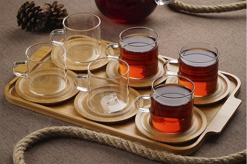 ACAR ENJOY Set de mini mugs en verre avec plateau et soucoupes en bambou 6 personnes 13 pièces - Bella-Home