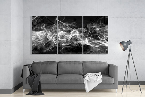 Méga Tableau en verre - 3 pièces - Fumée Blanche sur Fond Noir