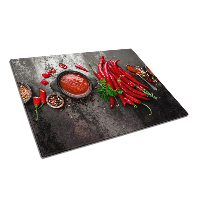 BELLART -  Poivrons rouges et sauce - Planche à découper en verre à impression UV 35x25 cm - Kirmizi Biber ve Sos - UV Baski Cam Kesme Tahtasi