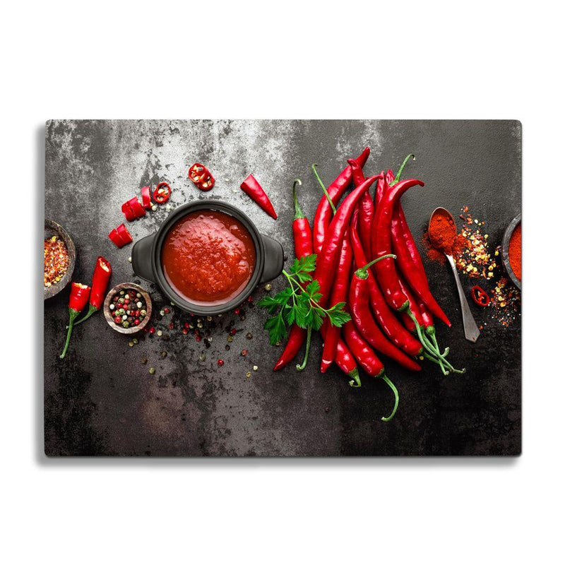 BELLART -  Poivrons rouges et sauce - Planche à découper en verre à impression UV 35x25 cm - Kirmizi Biber ve Sos - UV Baski Cam Kesme Tahtasi