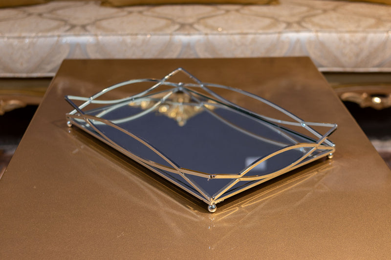 Plateau de service rectangulaire argenté en métal avec miroir Aynalı dikdörtgen gümüş metal servis tepsisi