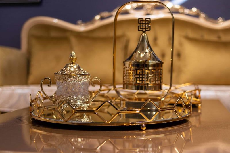 Plateau de service ovale doré et décoratif en miroir - Verspiegeltes dekoratives goldenes ovales Serviertablett