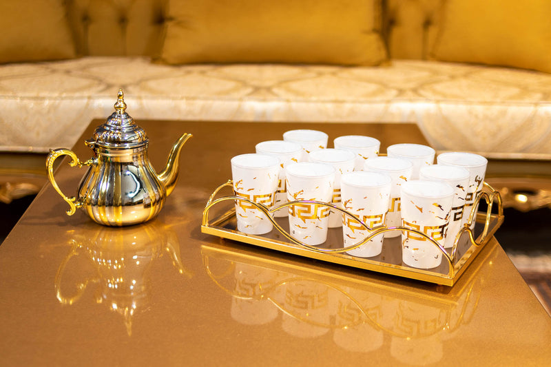 Lot de 12 verres à thé blanc avec liseré doré épais Kalın altın kenarlı 12 beyaz çay bardağı seti