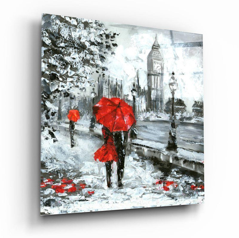Tableau en verre - Couple au parapluie rouge Big Ben Londres - Cam tablo - Kirmizi Semsiyeli çift Big Ben London - Glasbild - Paar mit rotem Regenschirm Big Ben London