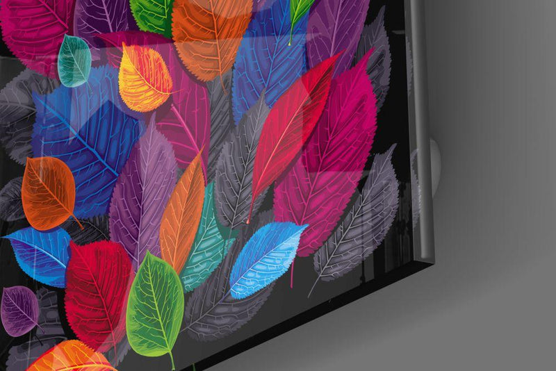 Tableau en verre - Feuilles multicolores sur fond noir - Cam tablo - Siyah zemin üzerine çok renkli yapraklar - Glasbild - Bunte Blätter auf schwarzem Hintergrund