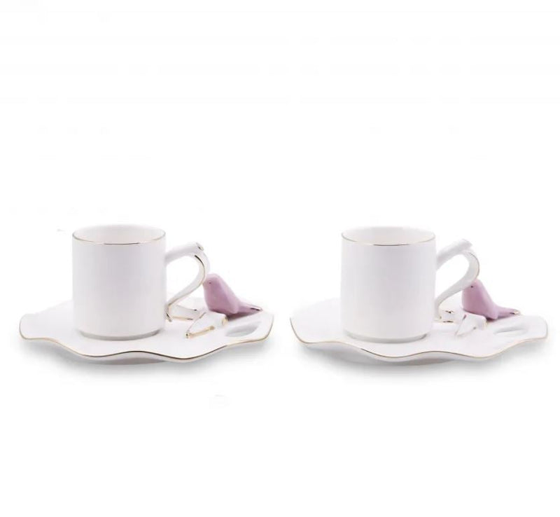 KARACA BIRDS Set de 2 tasses à café blanc et doré avec oiseau rose