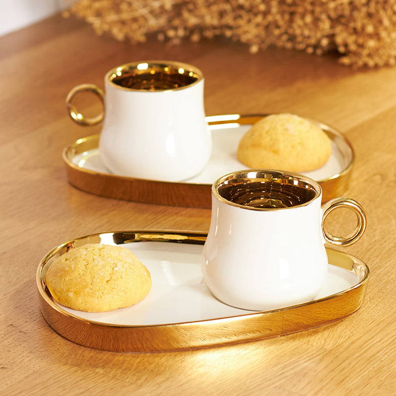 KARACA KLARA Set de 2 tasses à café blanc et doré 100 ml - Beyaz 2 kişilik kahve fincan takımı 100 ml - Set mit 2 weißen und goldenen Kaffeetassen 100 ml