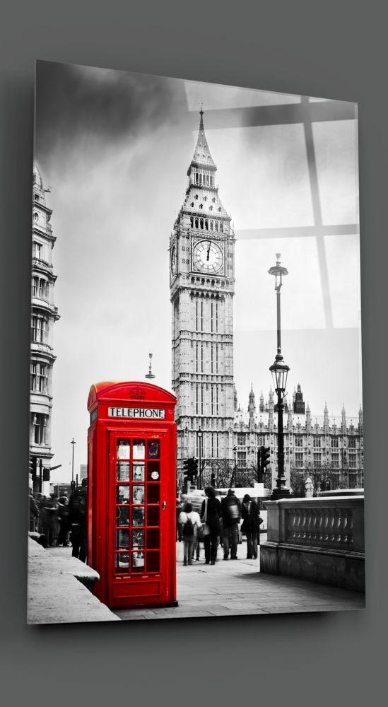 Tableau en verre - Londres Cabine téléphonique et Big Ben (Tour Grande Cloche)