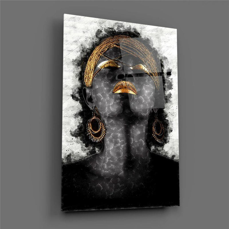 Tableau en verre - Femme africaine avec maquillage dorés et bijoux - Fond blanc